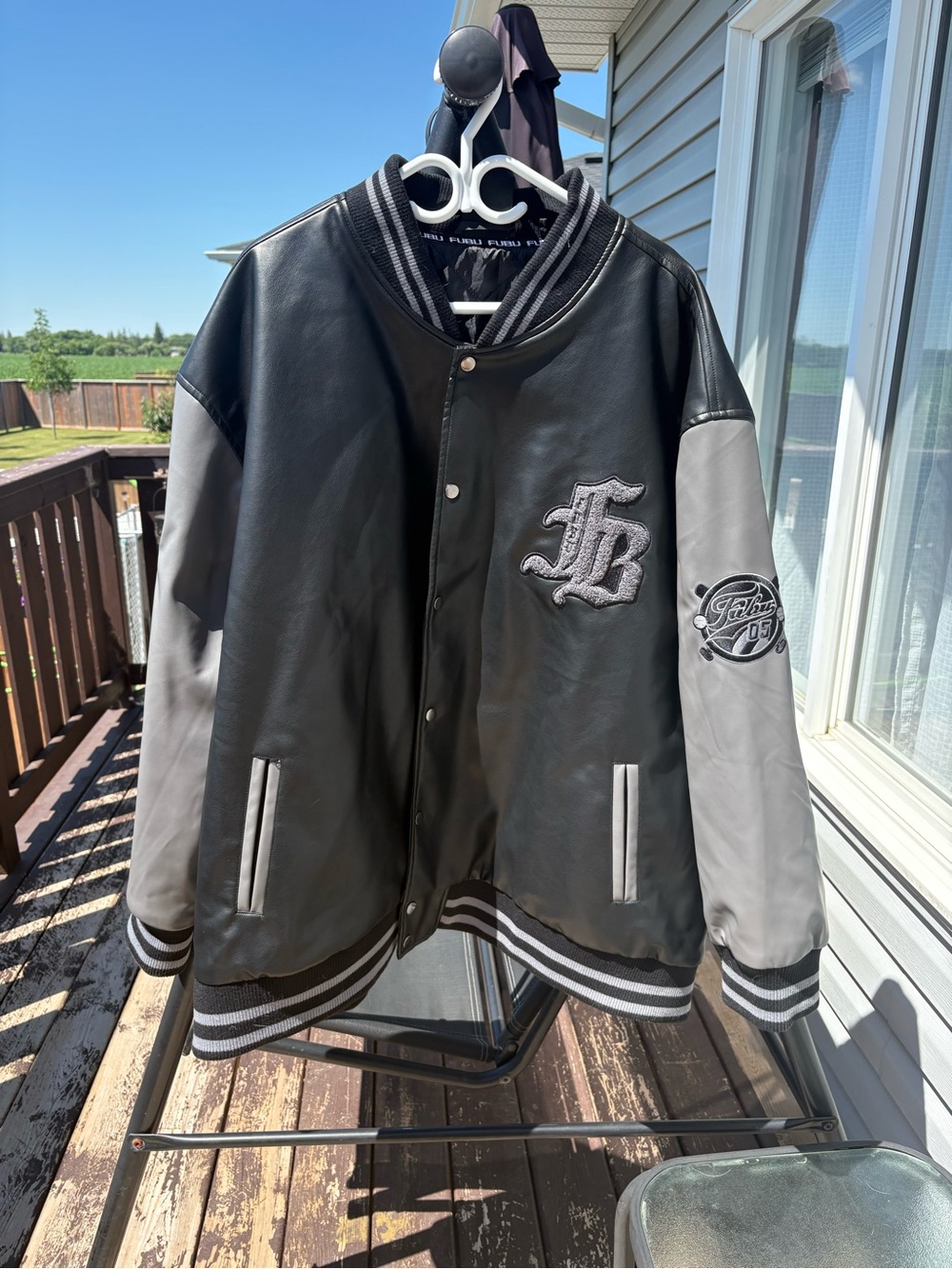 Fubu Men's Black & Gray Varsity Leather Jacket